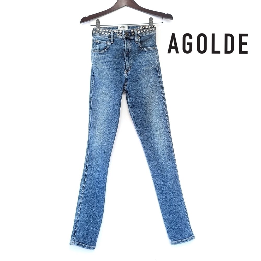 90's Vintage Agolde High Rise Skinny Jeans Rare Metal Detail Waist Sz 24